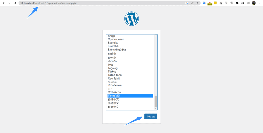 chọn ngôn ngữ cài đặt wordpress trên xampp