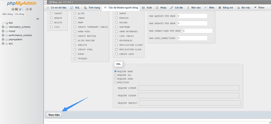chọn thực hiện đã tạo cơ sở dữ liệu localhost wordpress