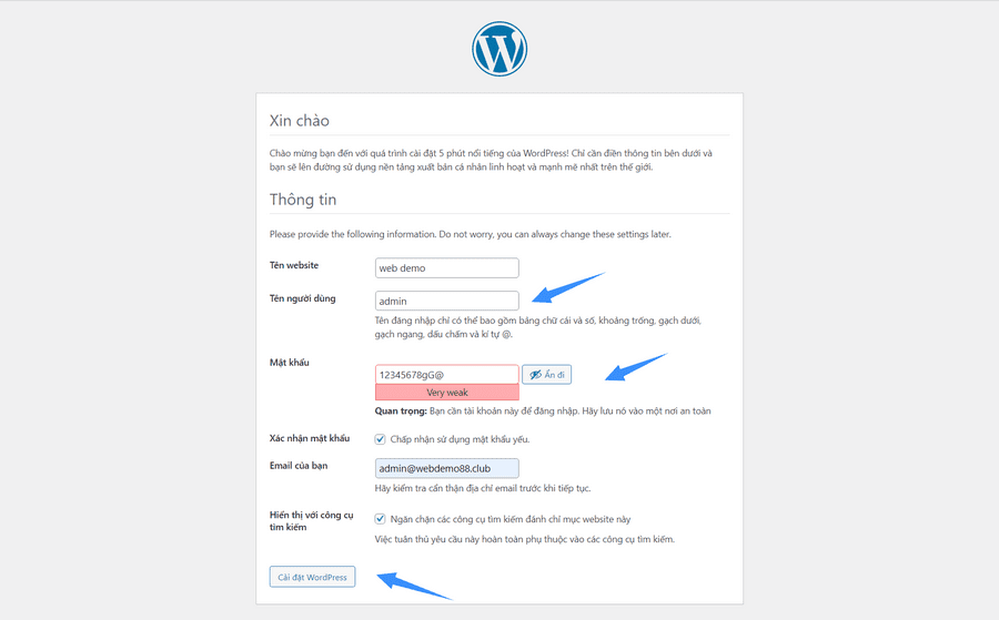điền lần lượt các thông tin để cài đặt wordpress trên localhost xampp