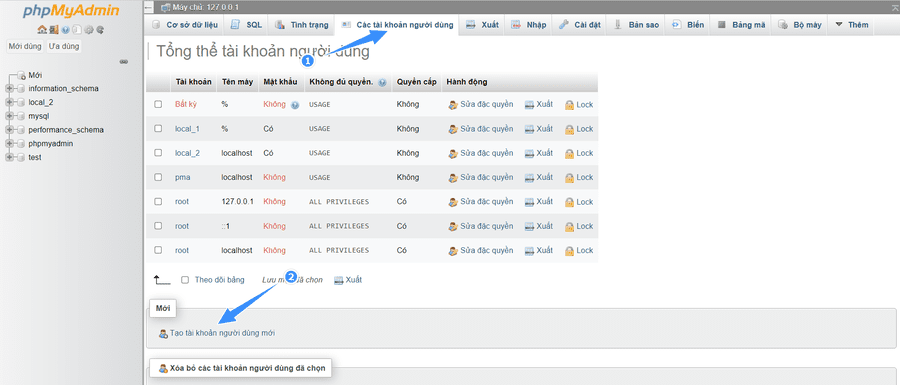 tạo cơ sở dữ liệu mới cho localhost wordpress