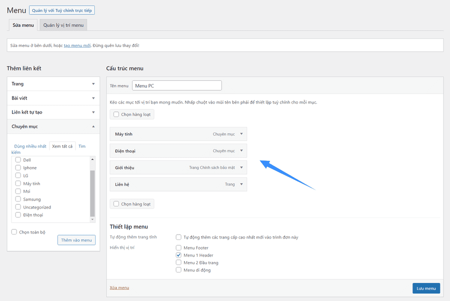 tạo menu trong wordpress hoàn tất
