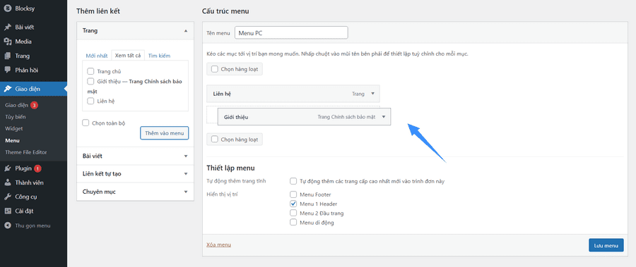 thay đổi vị trí các thành phần trên menu wordpress
