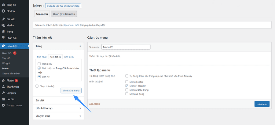 thêm các thành phần vào menu wordpress