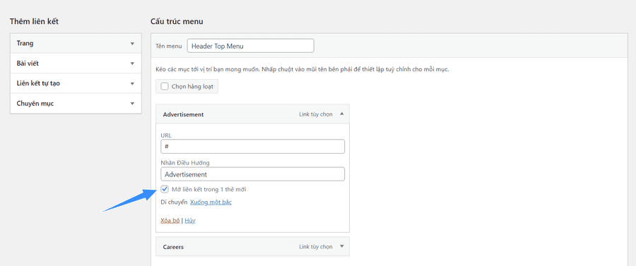 thủ thuật wordpress chọn thẻ menu mở trong tab mới