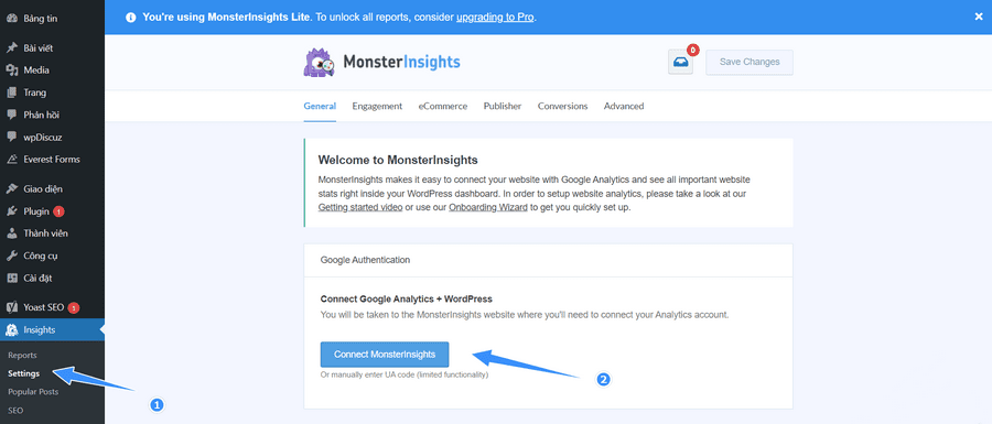 thủ thuật wordpress kết nối monsterinsights