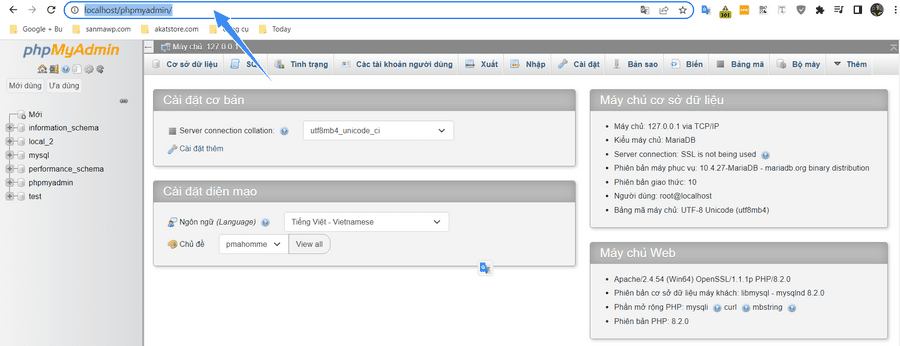 truy cập phpmyadmin localhost