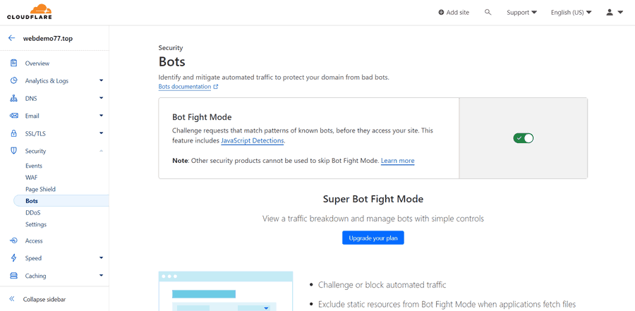 bật bot fight mode trên cloudflare