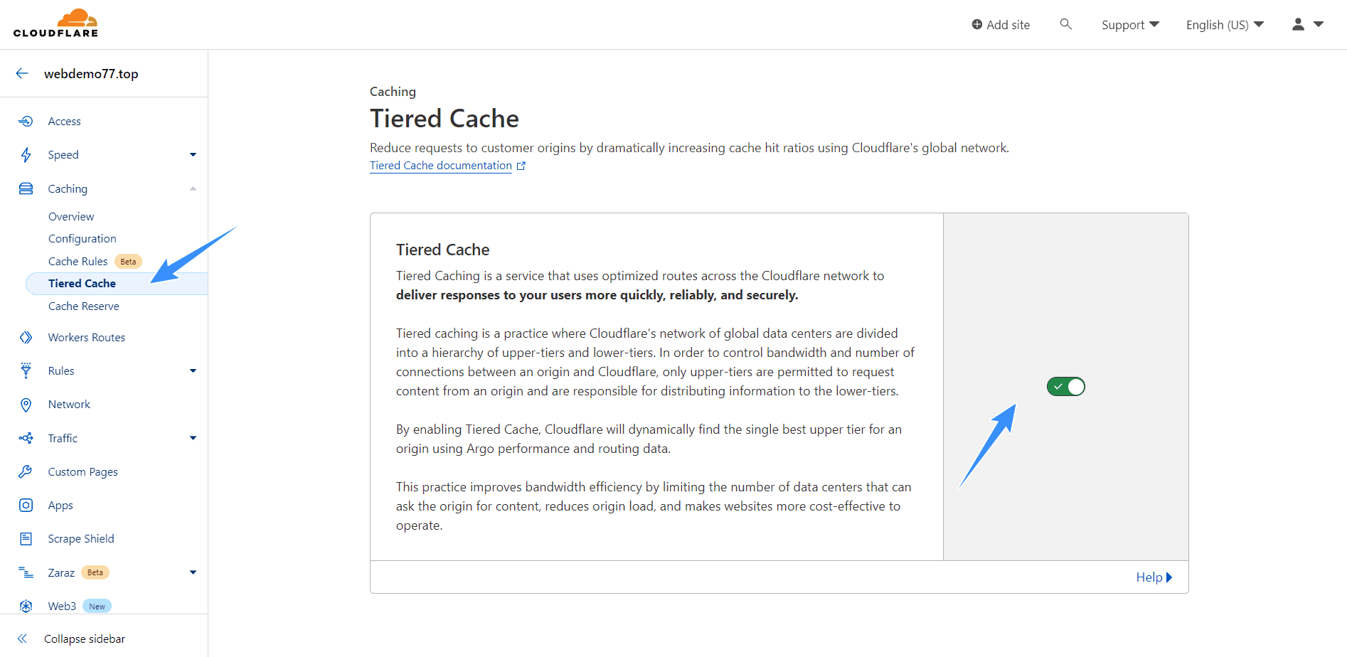 bật tính năng tiered cache trên cloudflare