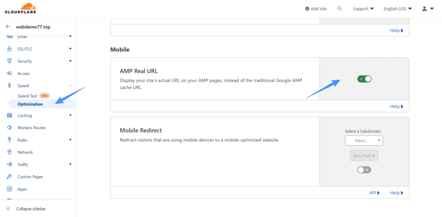 bật tính năng amp cloudflare nếu có