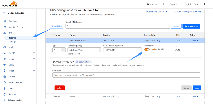cách thêm bản ghi và bất proxy cloudflare