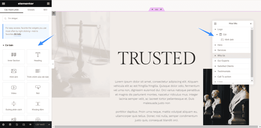 cấu trúc cơ bản của elementor và cách thêm widget