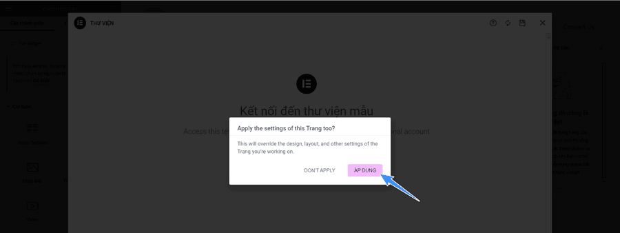 chọn áp dụng để chèn landing page cho website wordpress