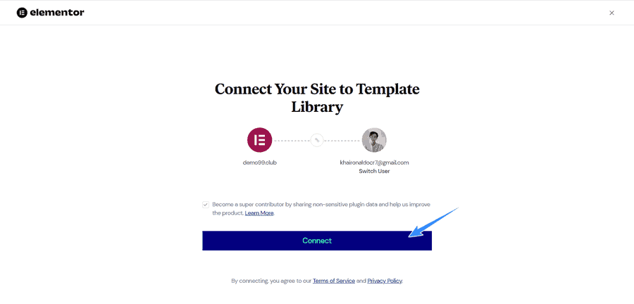 chọn connect để kết nối tài khoản elementor