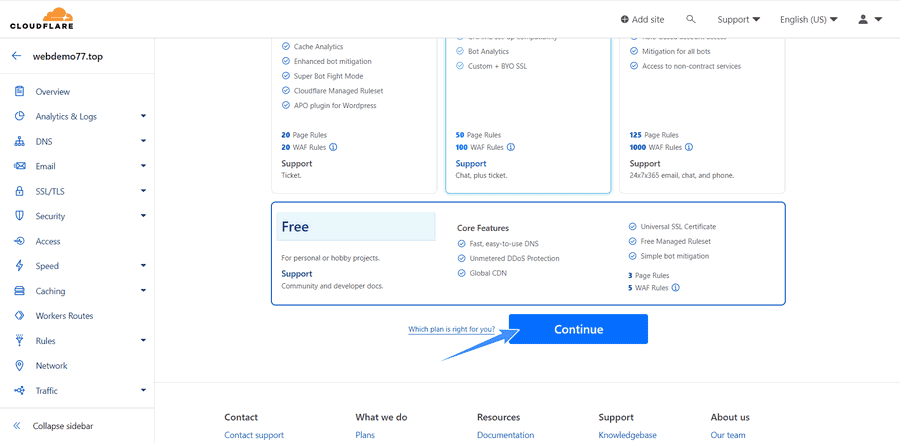 chọn gói miễn phí cho web cloudflare