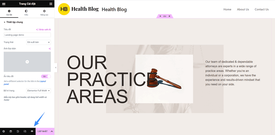 chọn xem thử để preview lại landing page trên wordpress