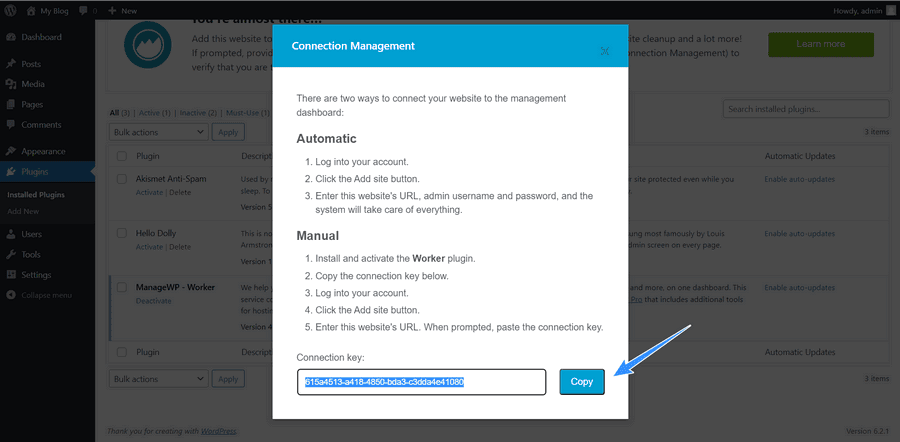 copy key để kết nối managewp