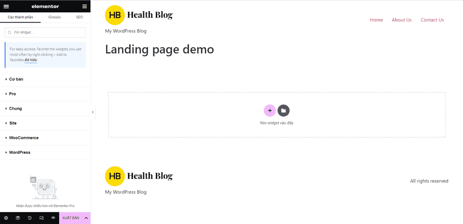 giao diện landing page mặc định của elementor