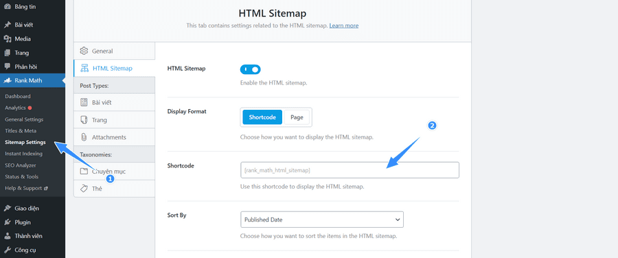 hướng dẫn tạo sitemaps html rank math seo