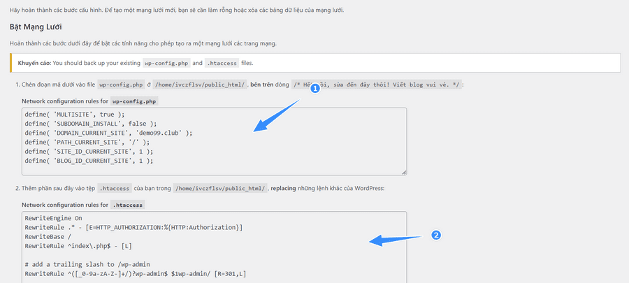 mã code wp-config và htaccess wordpress multisite