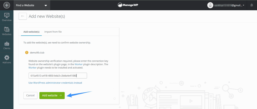 nhập key để kết nối website với managewp
