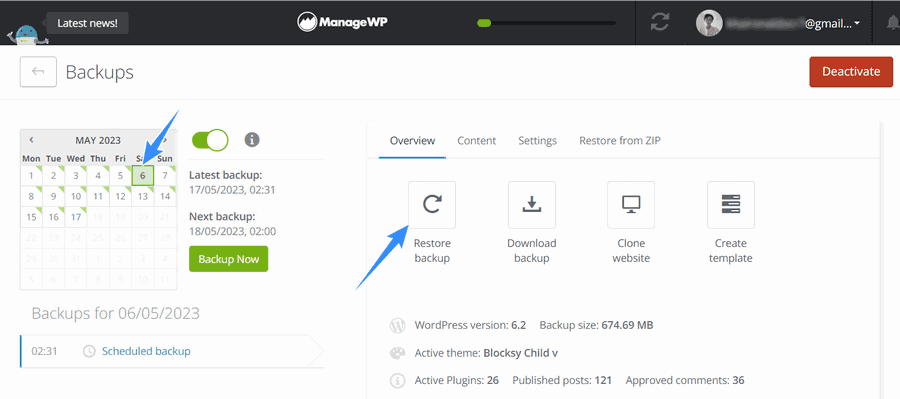 restore website ngay tren managewp