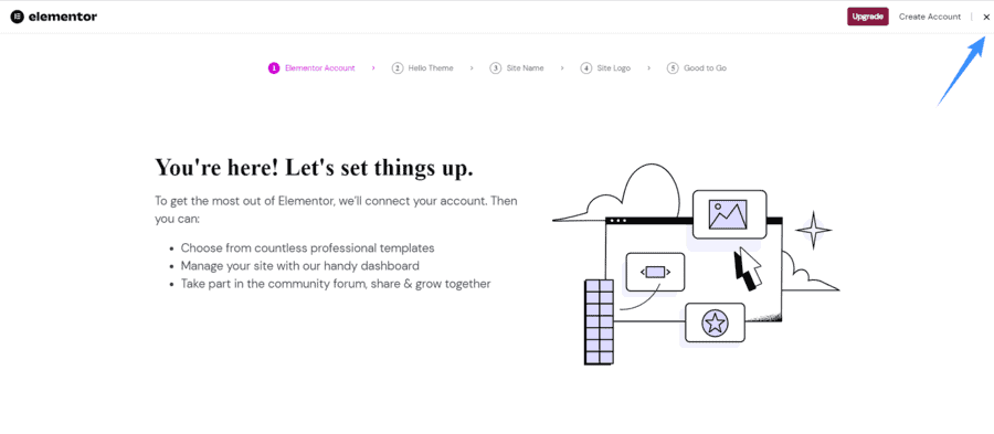 setup elementor chọn skip để bỏ qua
