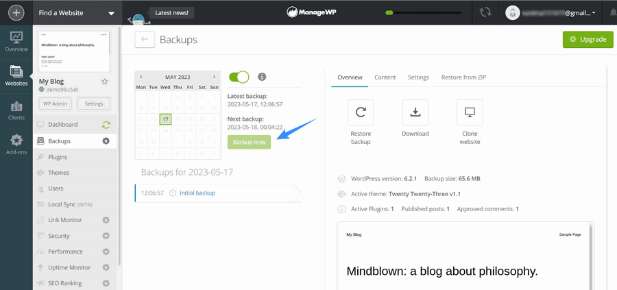 tạo ngay bản backup với managewp