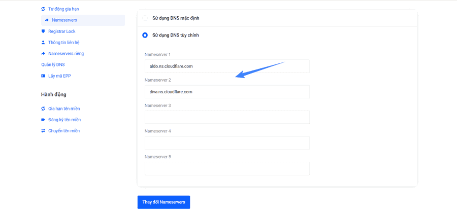 thay doi nameservers mac dinh thanh nameservers cua cloudflare