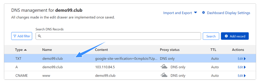 thêm bản ghi txt để xác minh google search console