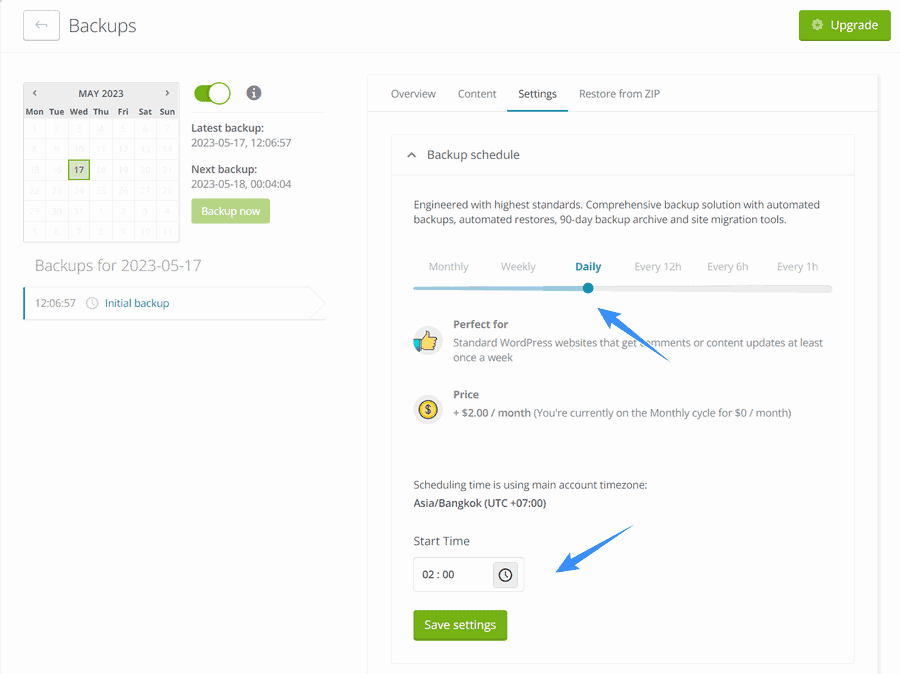 thiết lập backup managewp cho website
