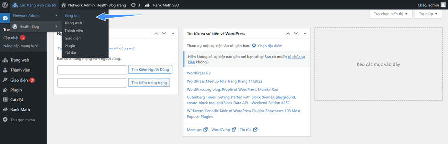 truy cập network admin bảng tin để chỉnh theme wordpress multisite