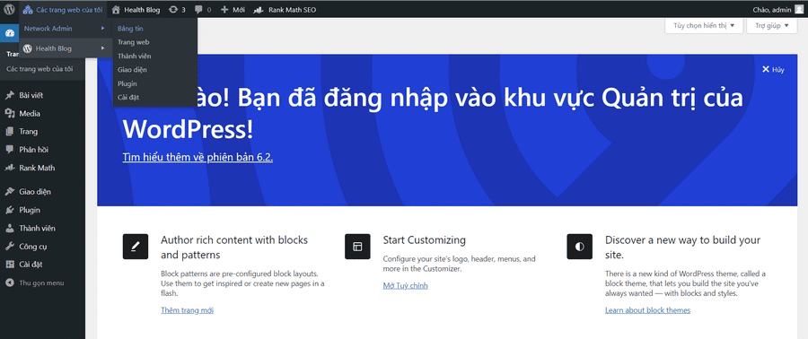 truy cập nhanh network admin wordpress multisite