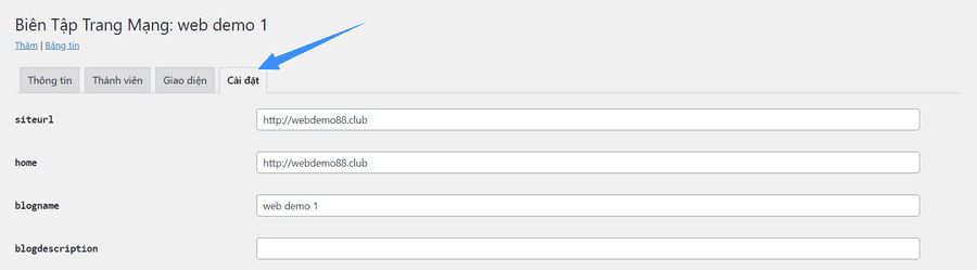 vào tab cài đặt chọn lưu thay đổi WordPress Multisite