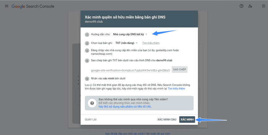 xác minh google search console để thêm sitemaps xml