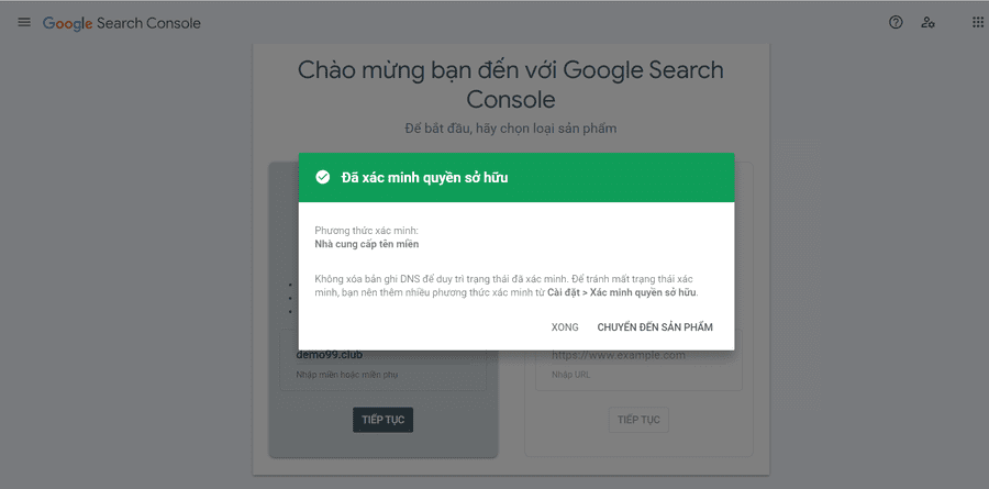 xác minh google search console thành công