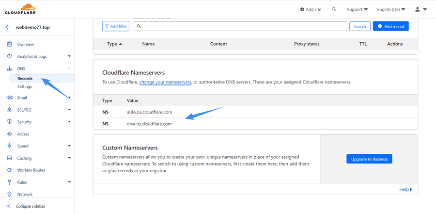 xem chính xác nameserver của website cloudflare