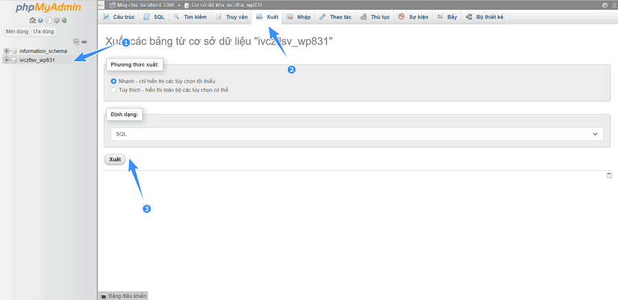 xuất database wordpress để backup