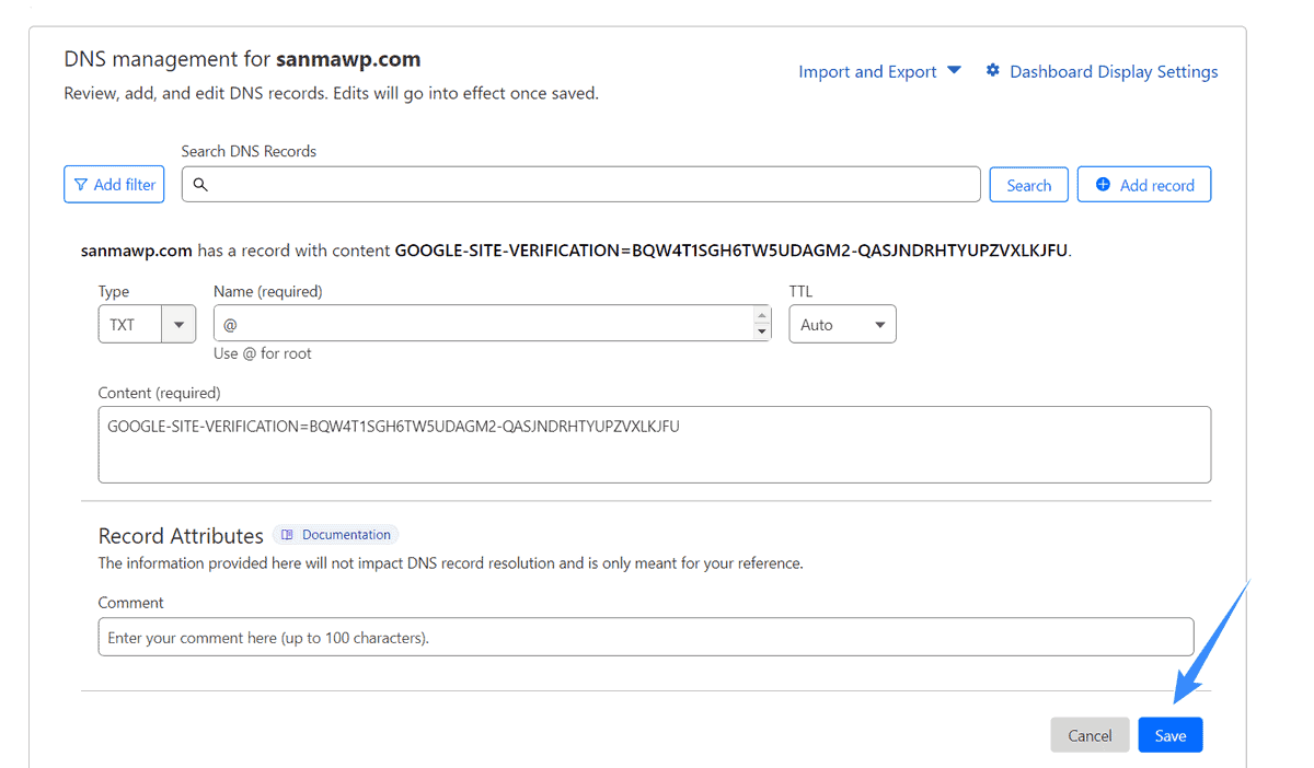 cách thêm bản ghi txt để xác minh google workspace