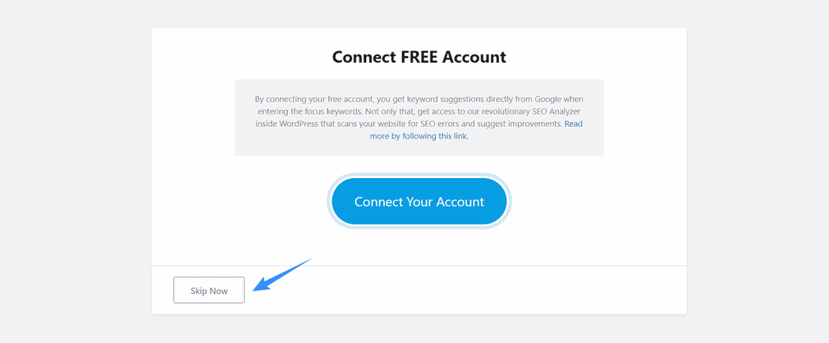 chọn skip now khi kết nối tài khoản rank math seo
