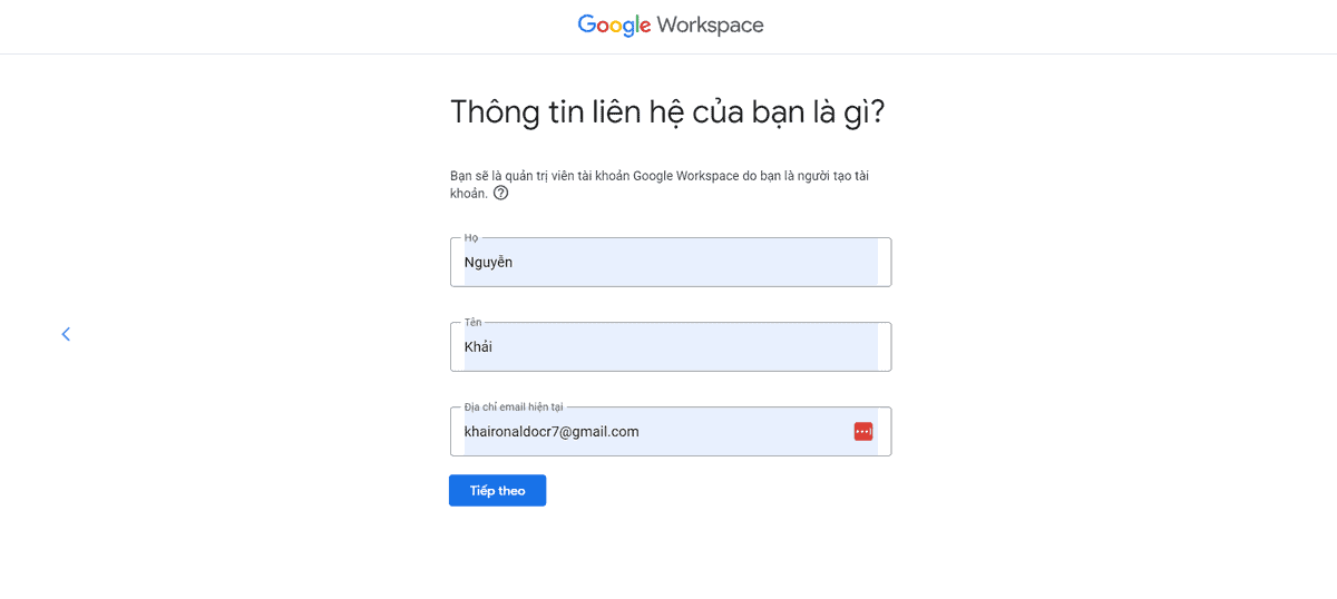 điền đầy đủ họ tên để đăng ký google workspace
