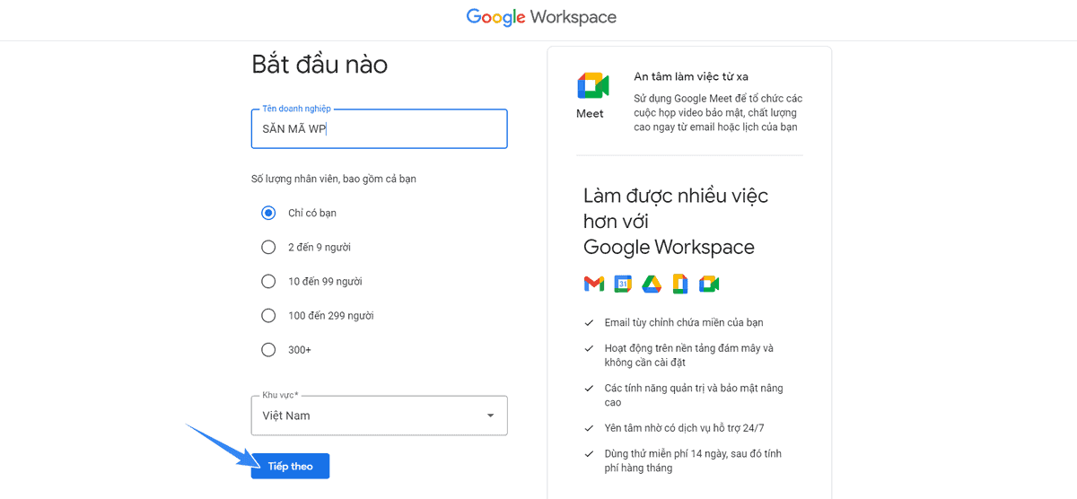 điền tên doanh nghiệp để tạo email theo tên miền google