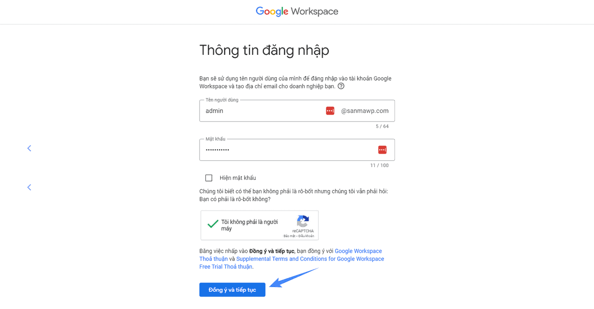 điền thông tin người dùng google workspace