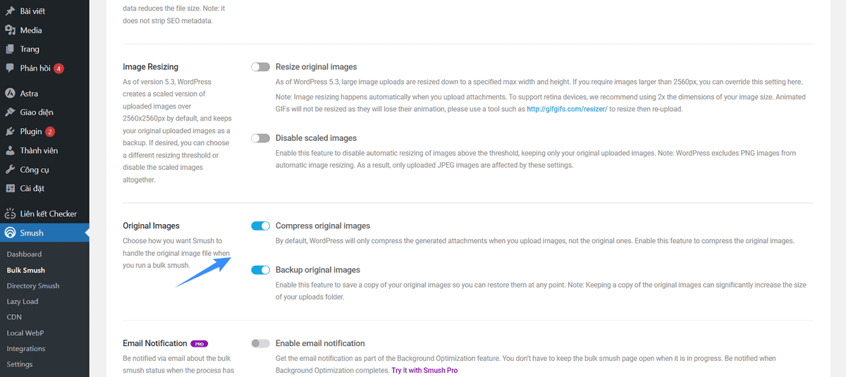 image resize và backup trên plugin smush pro