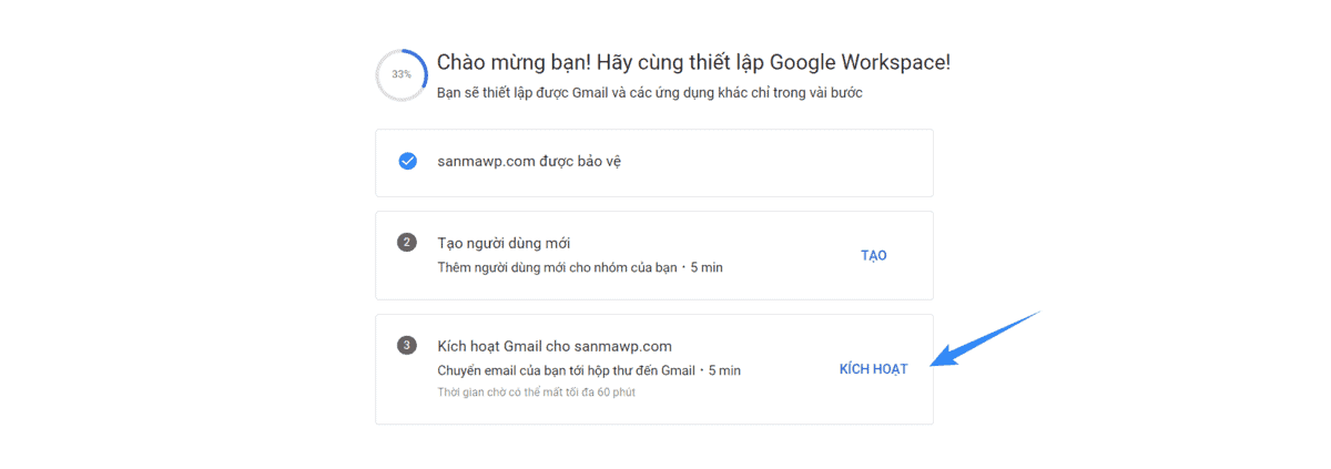 kích hoạt email của google workspace