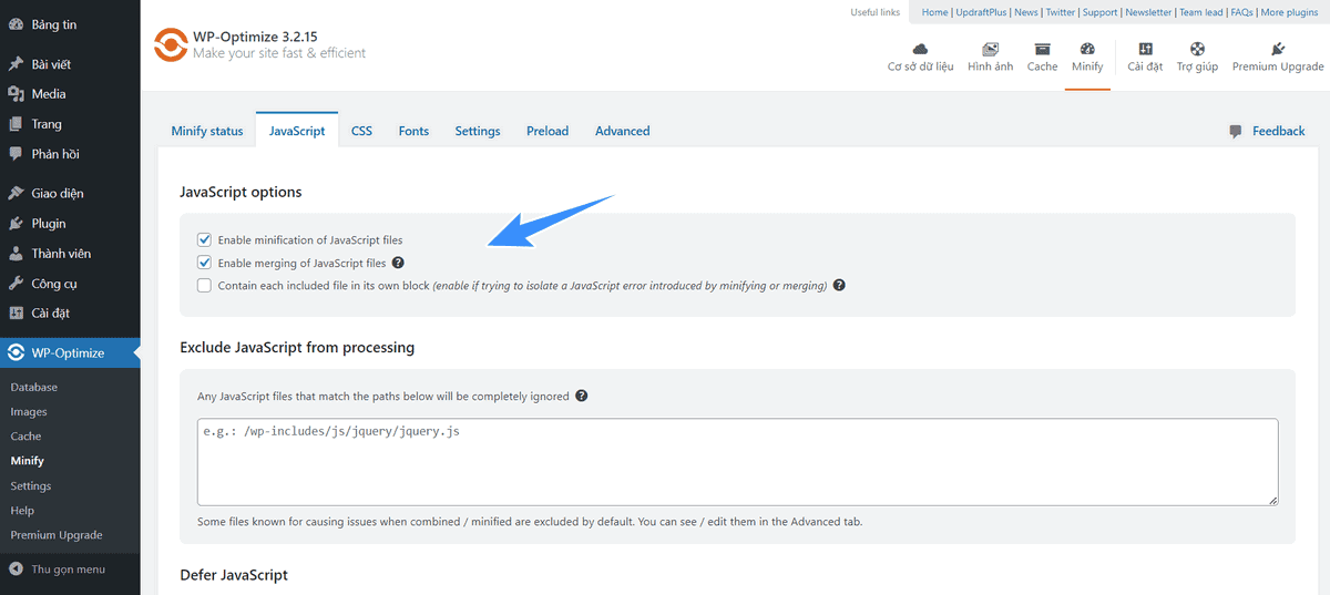 nén file javascritp trên wp-optimize