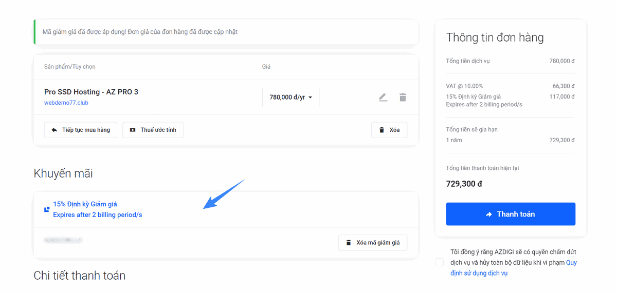 nhập mã giảm giá cho hosting azdigi