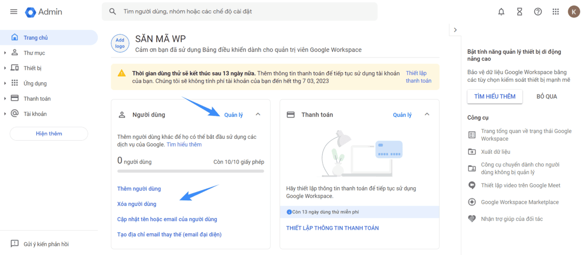 thêm hoặc xóa người dùng google workspace