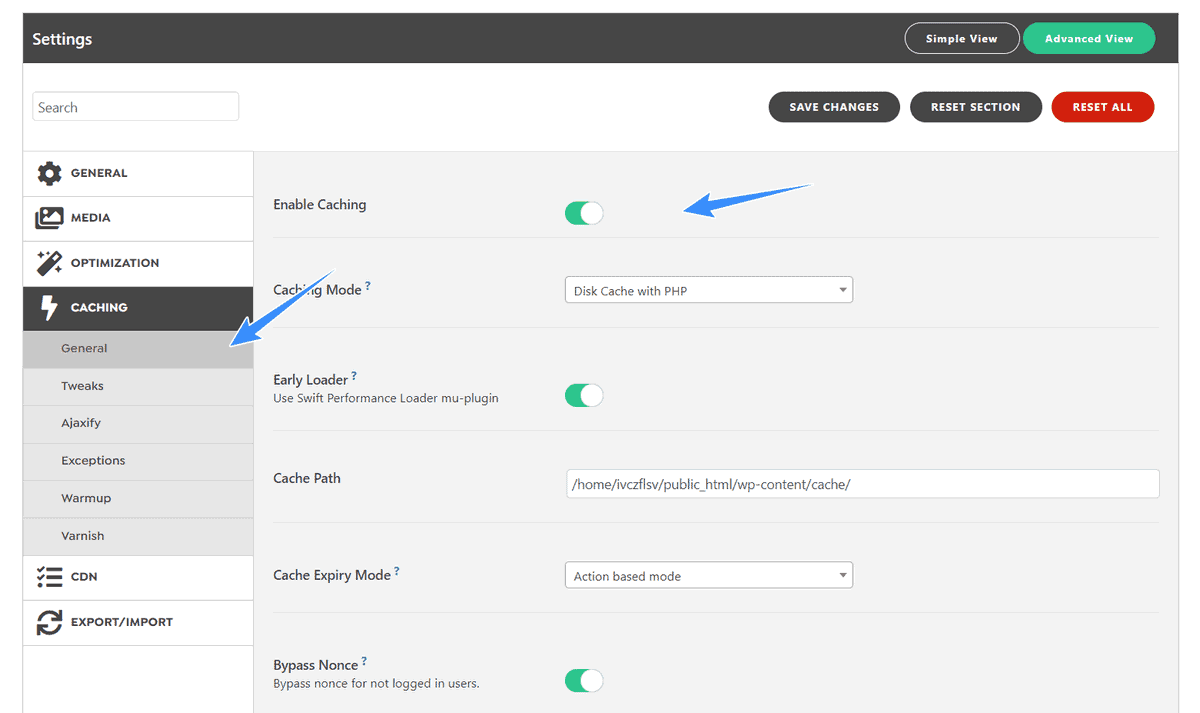 thiết lập cache swift performance