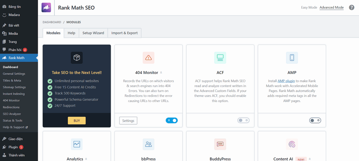 thiết lập dashboard cho rank math seo