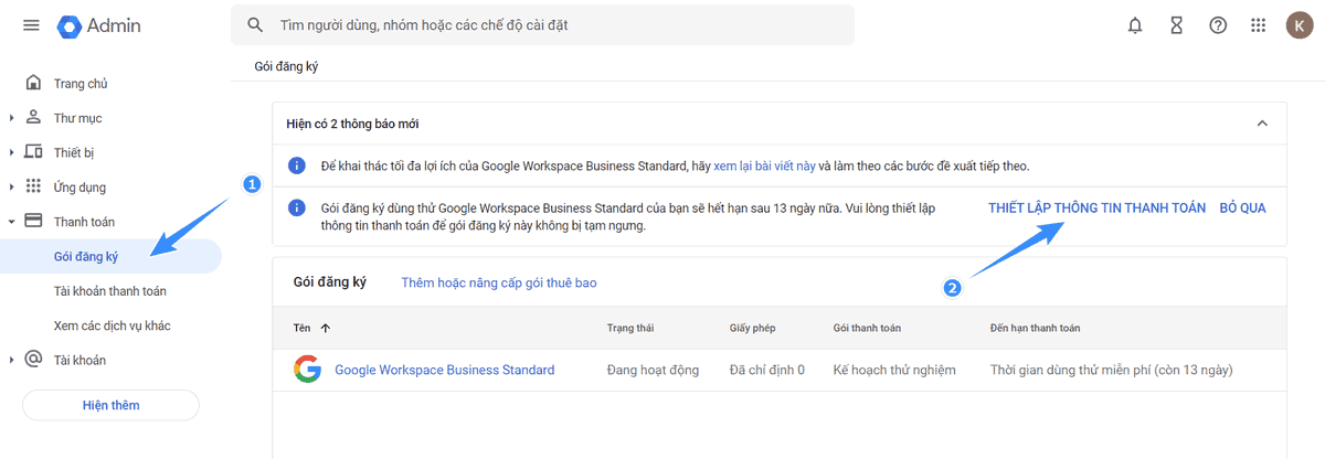 thiết lập thanh toán google workspace